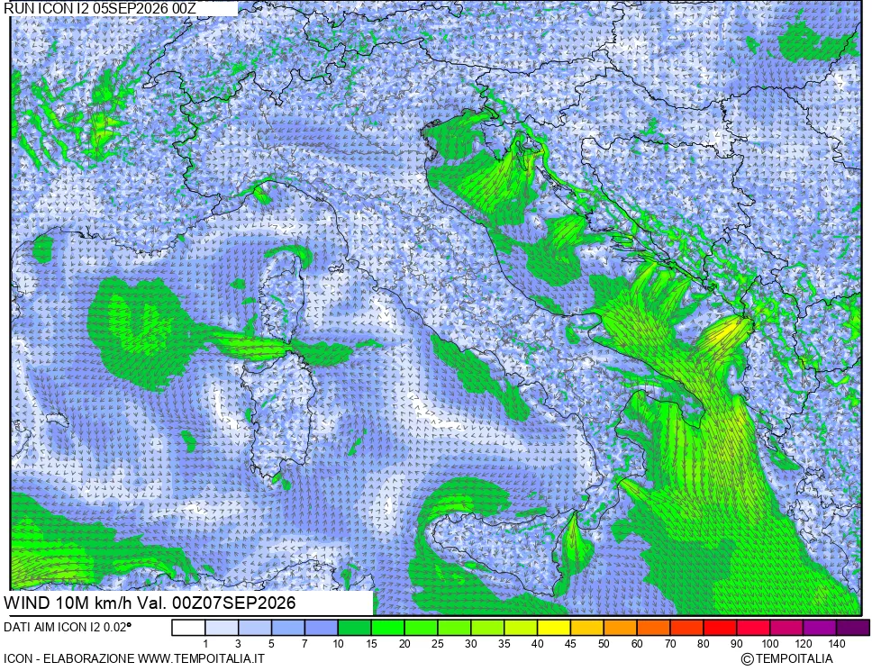 mappa 10 m Vento forza e direzione