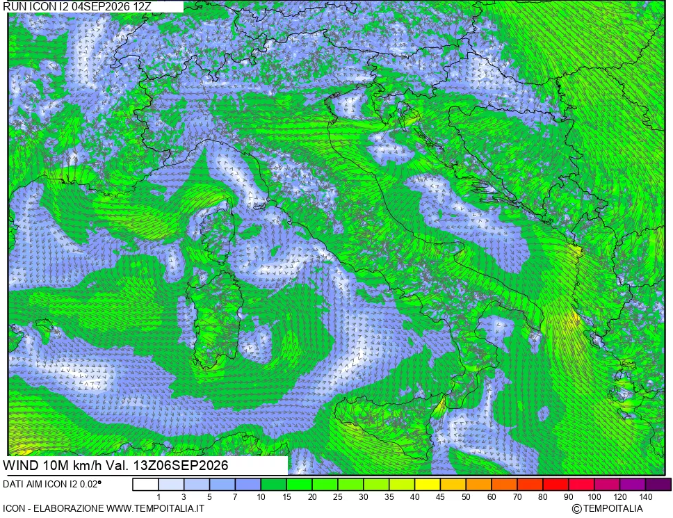 mappa 10 m Vento forza e direzione
