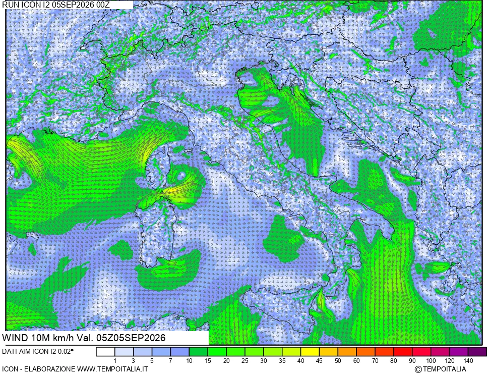 mappa 10 m Vento forza e direzione