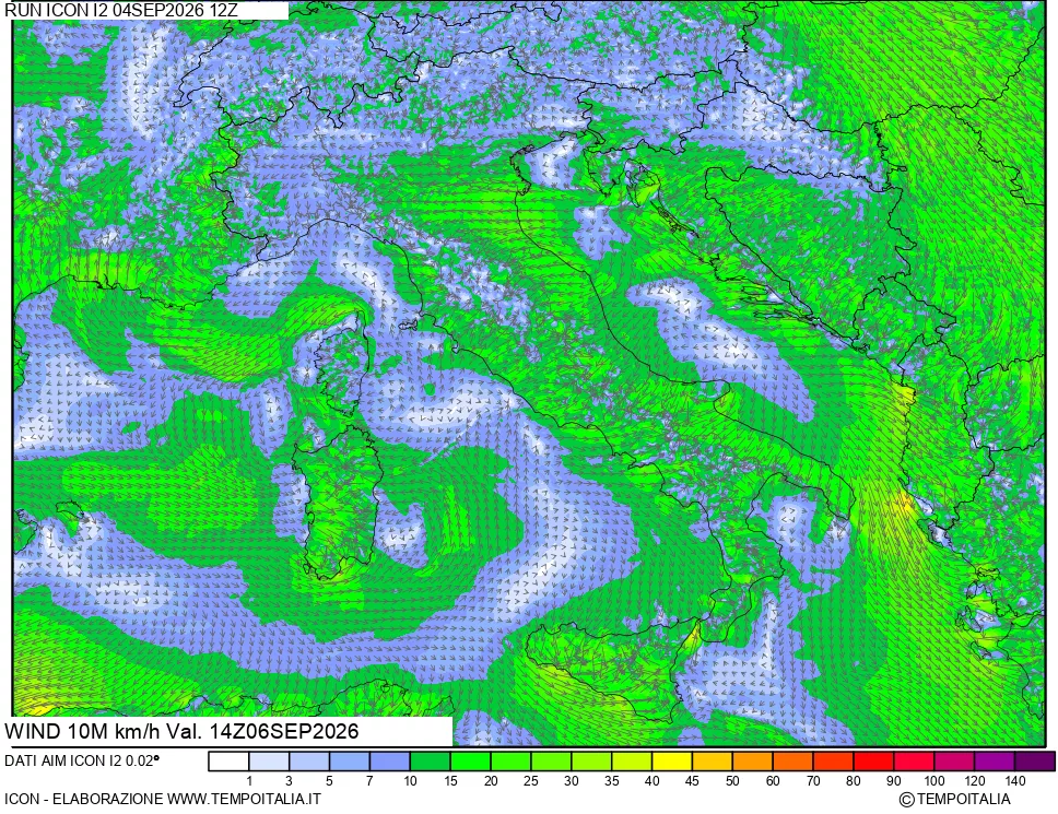 mappa 10 m Vento forza e direzione