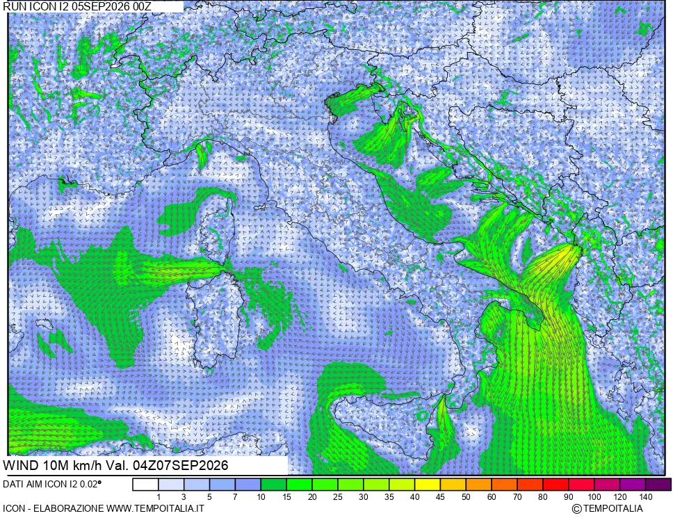 mappa 10 m Vento forza e direzione