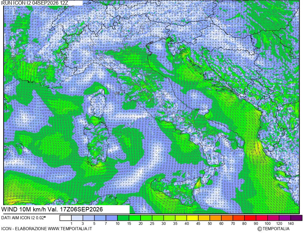 mappa 10 m Vento forza e direzione