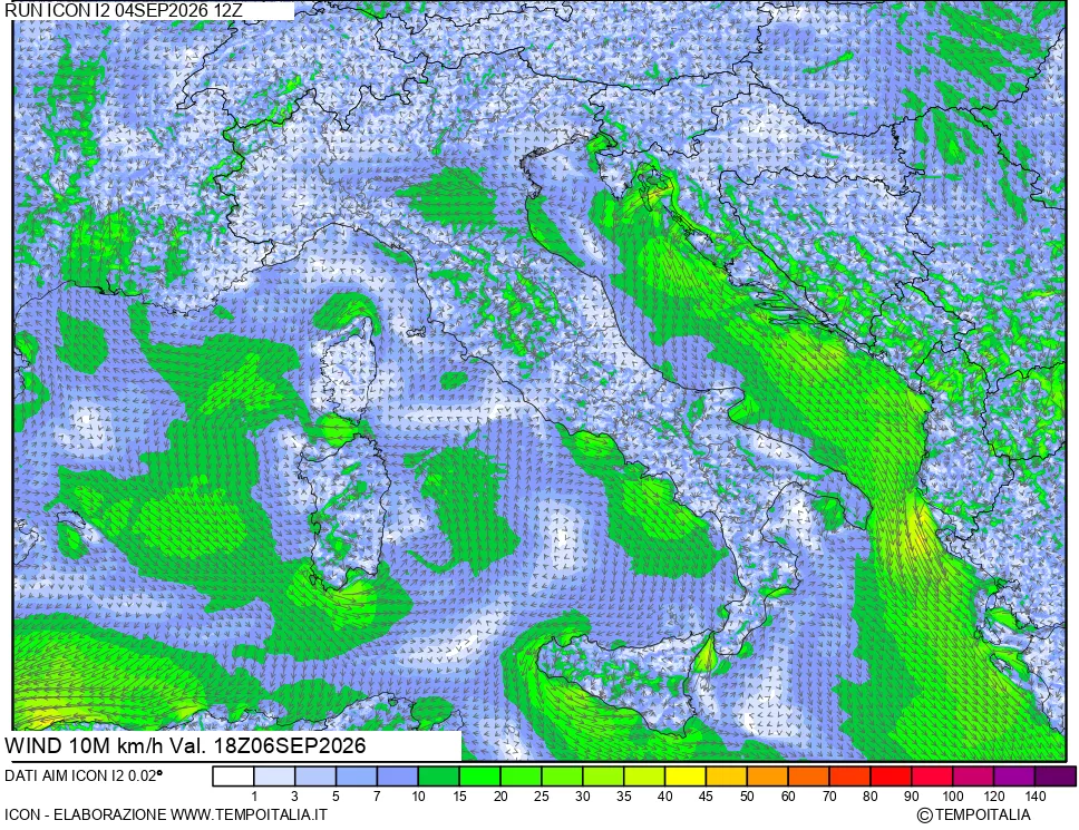 mappa 10 m Vento forza e direzione