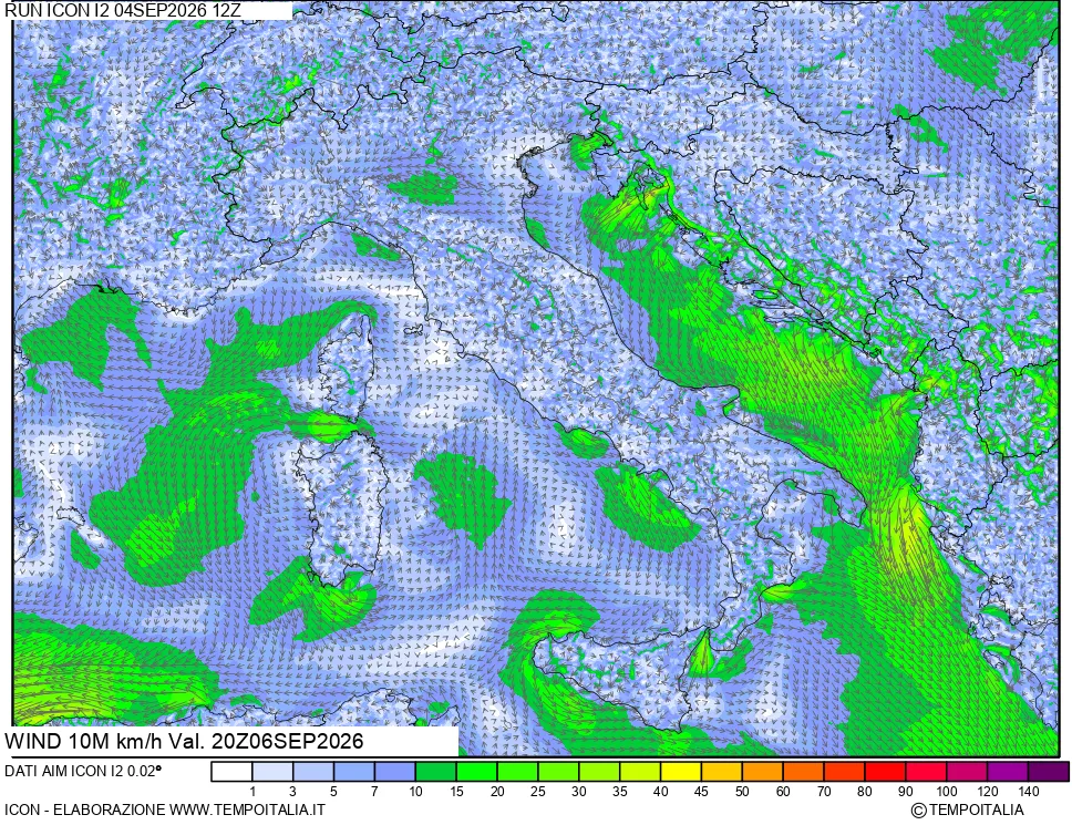 mappa 10 m Vento forza e direzione