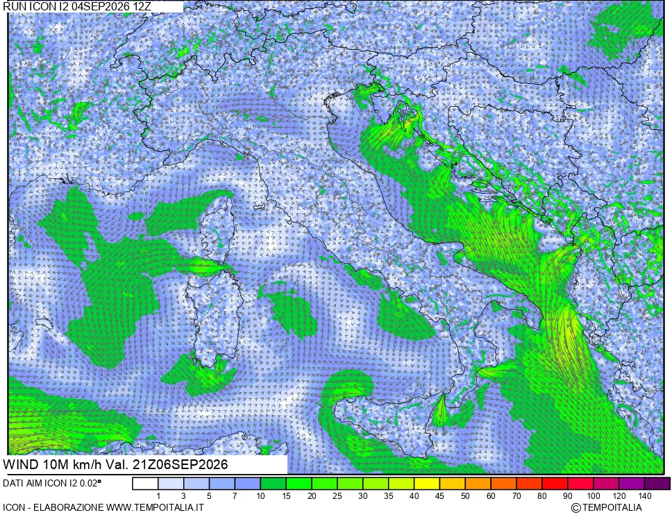 mappa 10 m Vento forza e direzione