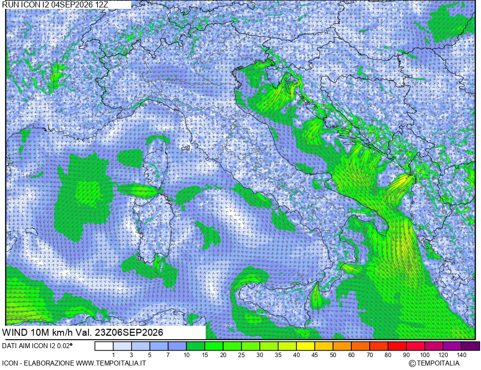 mappa 10 m Vento forza e direzione