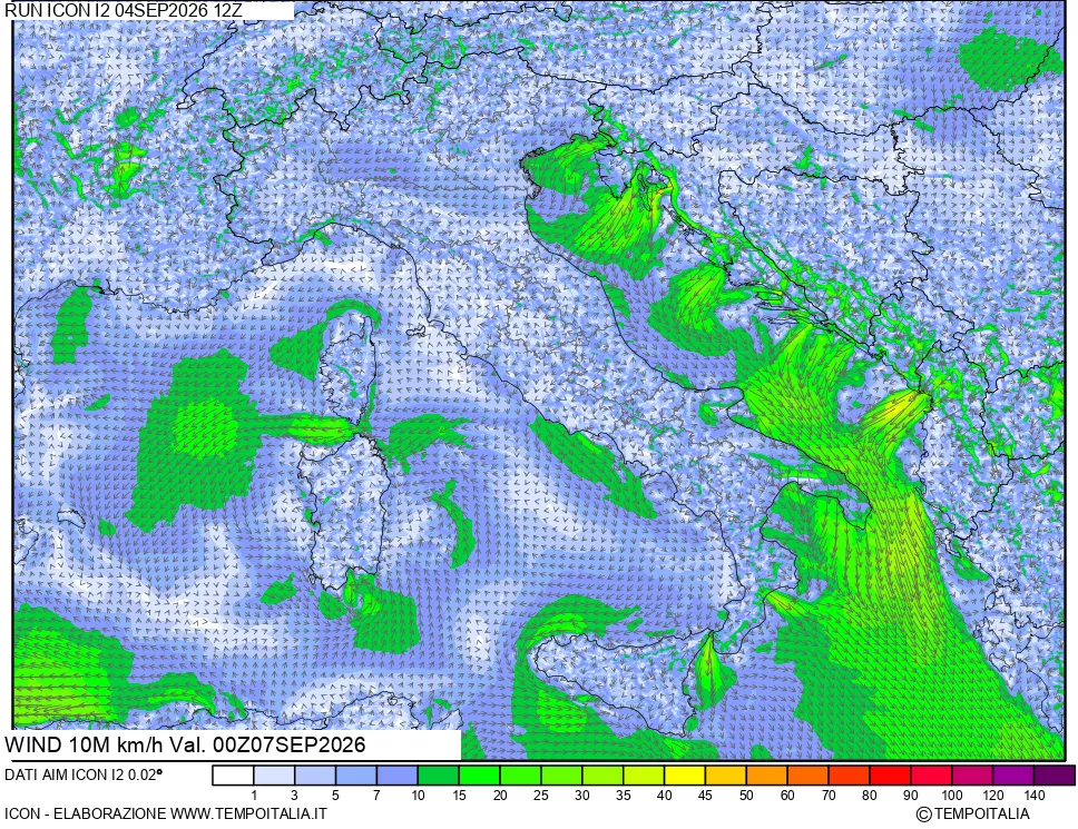 mappa 10 m Vento forza e direzione