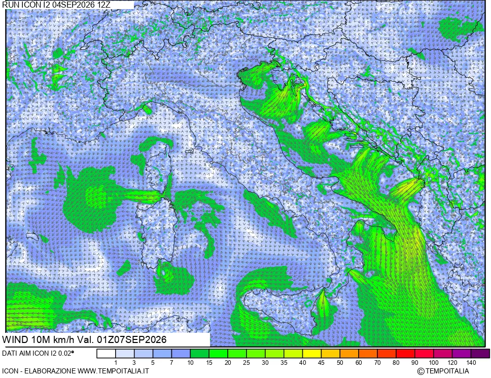 mappa 10 m Vento forza e direzione