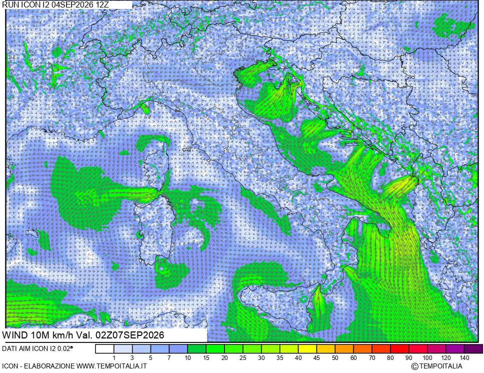 mappa 10 m Vento forza e direzione