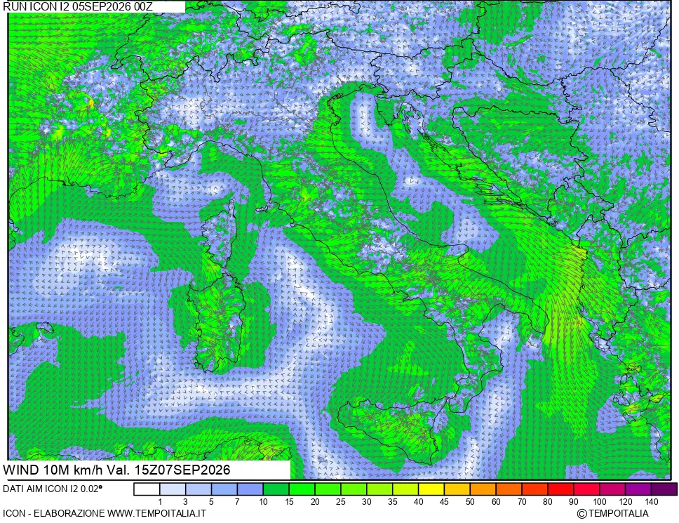 mappa 10 m Vento forza e direzione