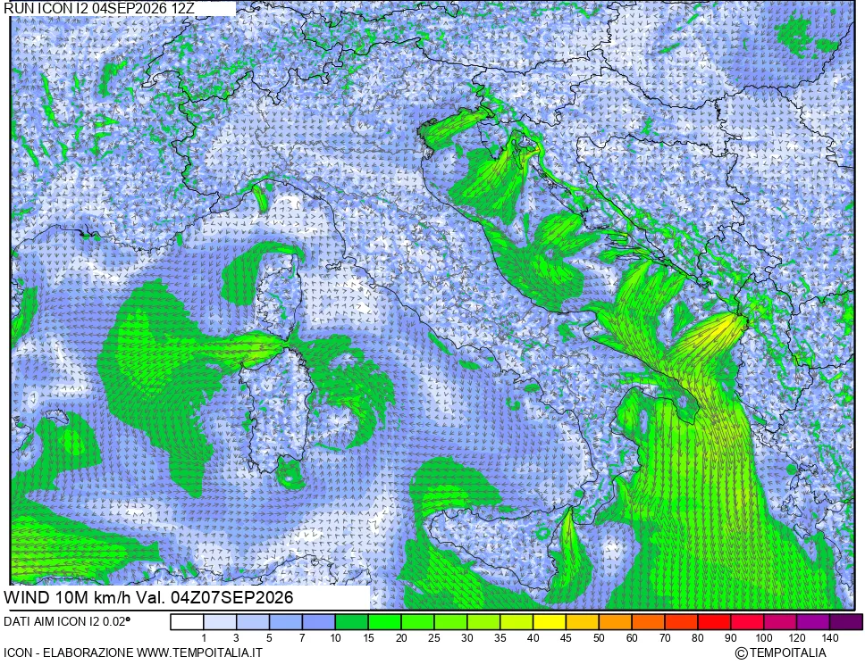 mappa 10 m Vento forza e direzione
