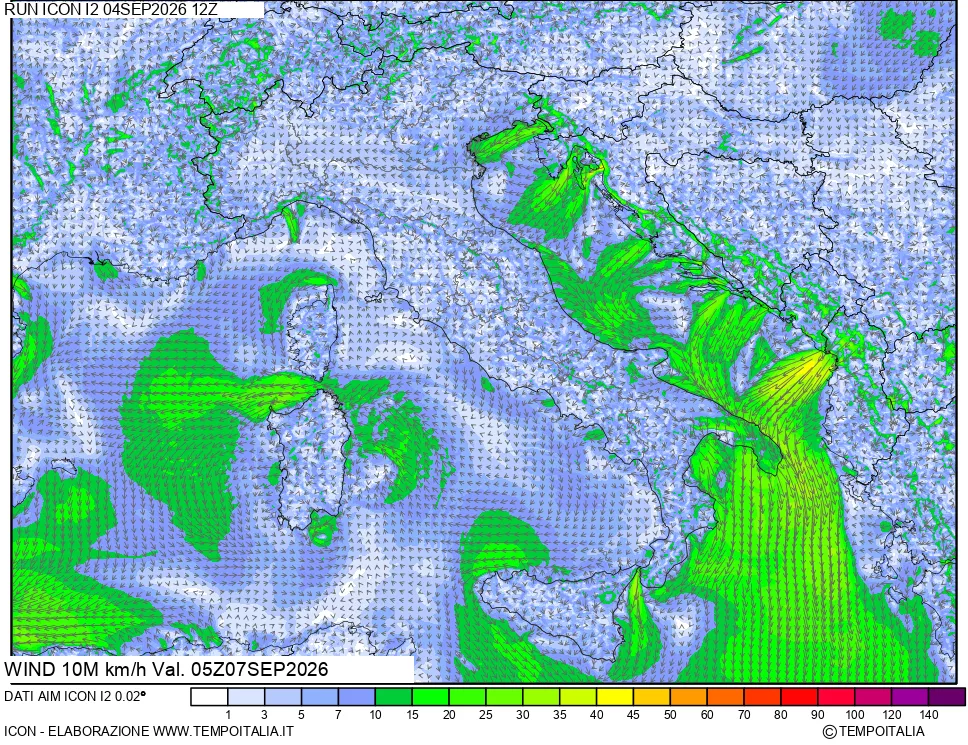 mappa 10 m Vento forza e direzione