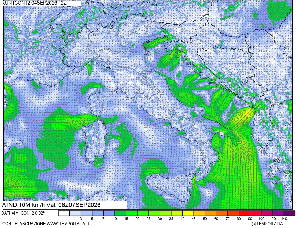 mappa 10 m Vento forza e direzione