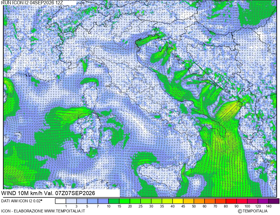 mappa 10 m Vento forza e direzione