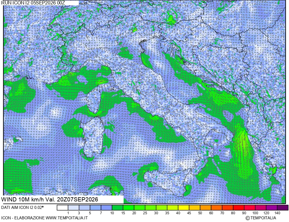 mappa 10 m Vento forza e direzione