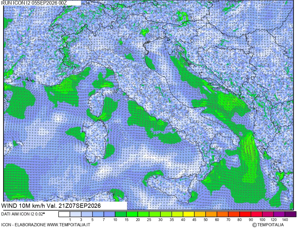mappa 10 m Vento forza e direzione