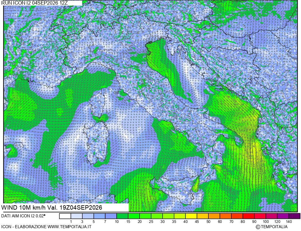mappa 10 m Vento forza e direzione