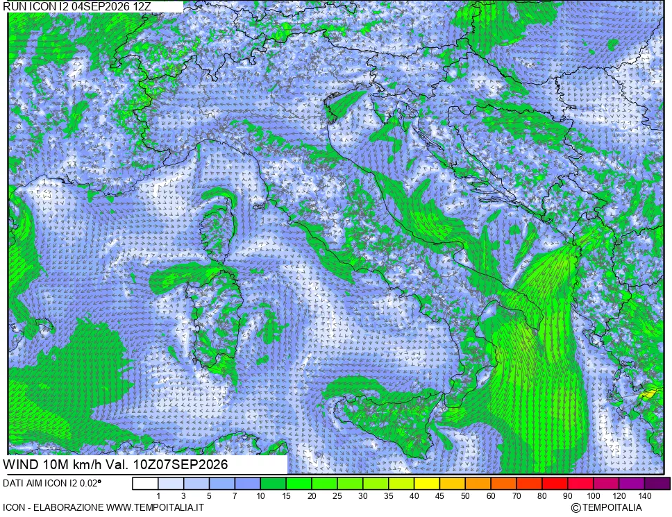 mappa 10 m Vento forza e direzione