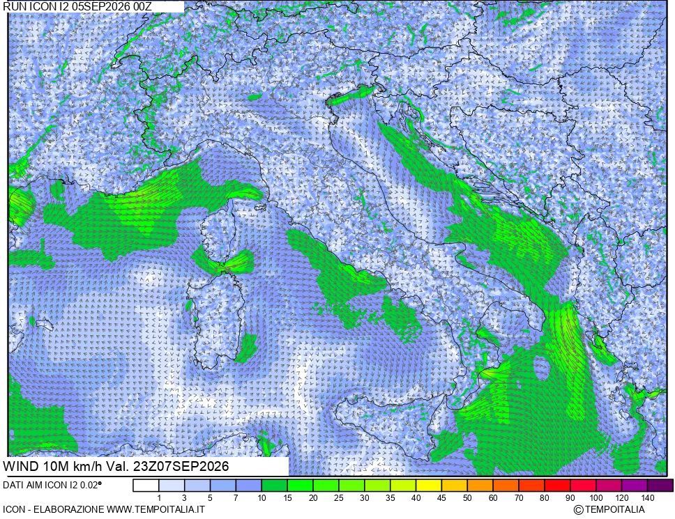 mappa 10 m Vento forza e direzione