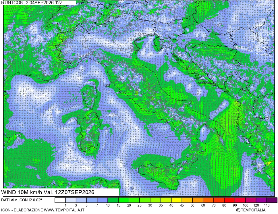 mappa 10 m Vento forza e direzione