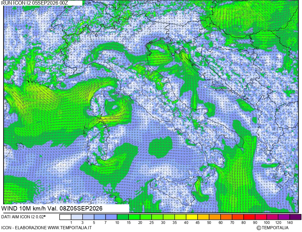mappa 10 m Vento forza e direzione