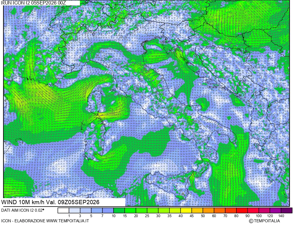 mappa 10 m Vento forza e direzione