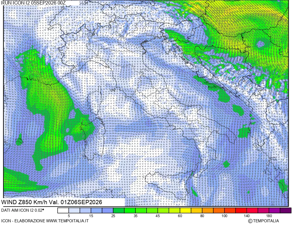 mappa 850 hPa Vento