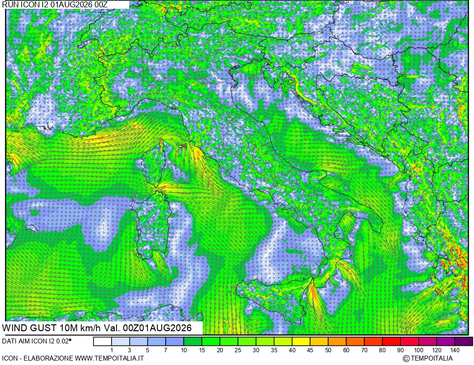 mappa 10 m Vento raffica massima