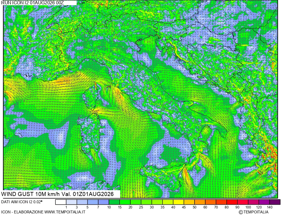 mappa 10 m Vento raffica massima