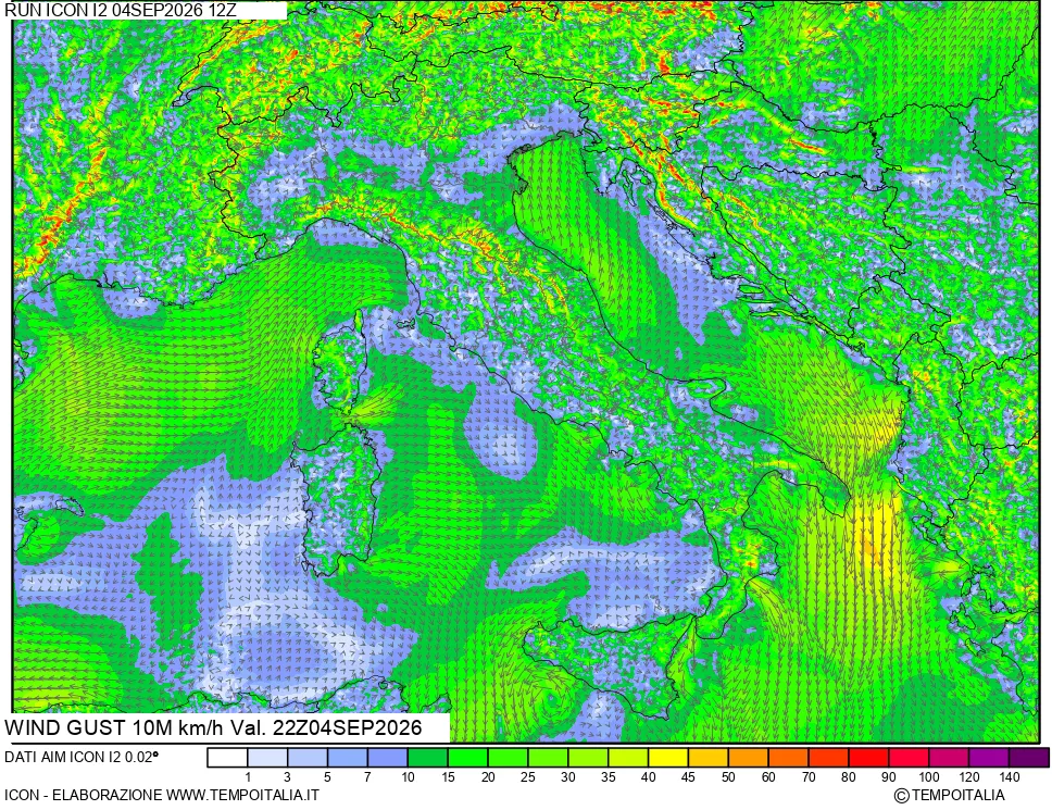 mappa 10 m Vento raffica massima