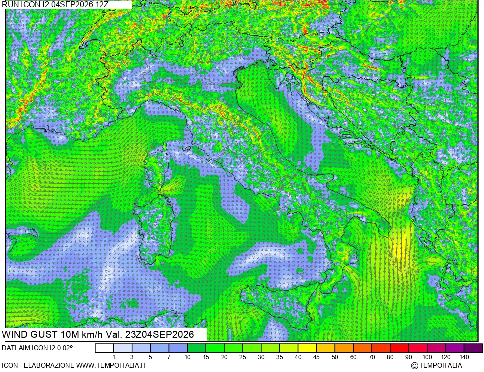 mappa 10 m Vento raffica massima