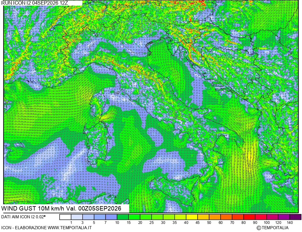 mappa 10 m Vento raffica massima