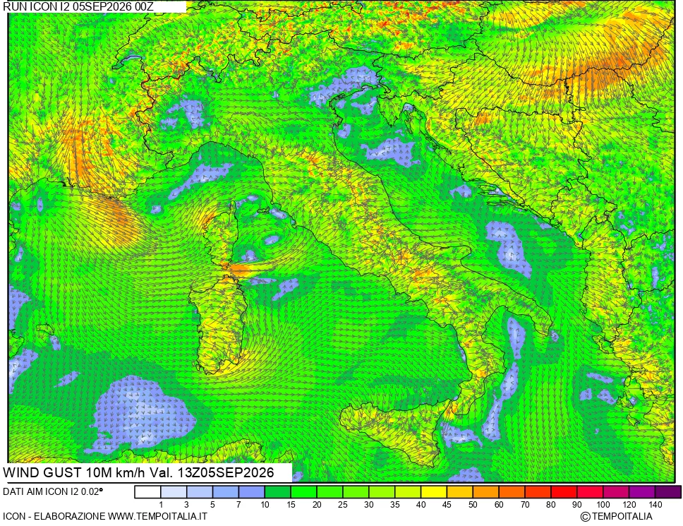 mappa 10 m Vento raffica massima