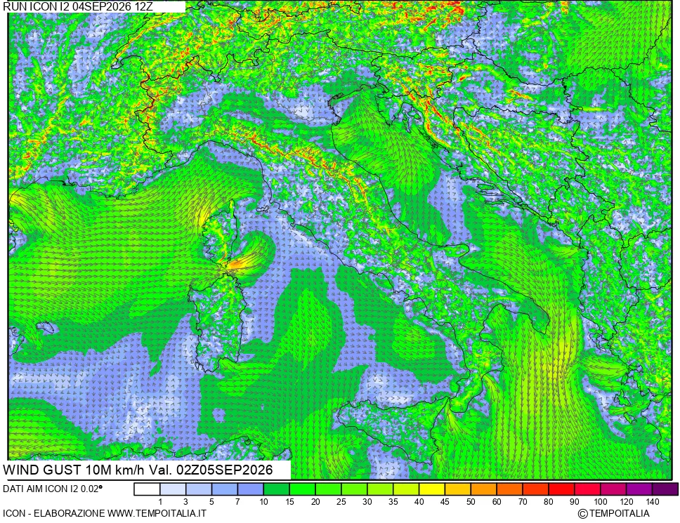 mappa 10 m Vento raffica massima