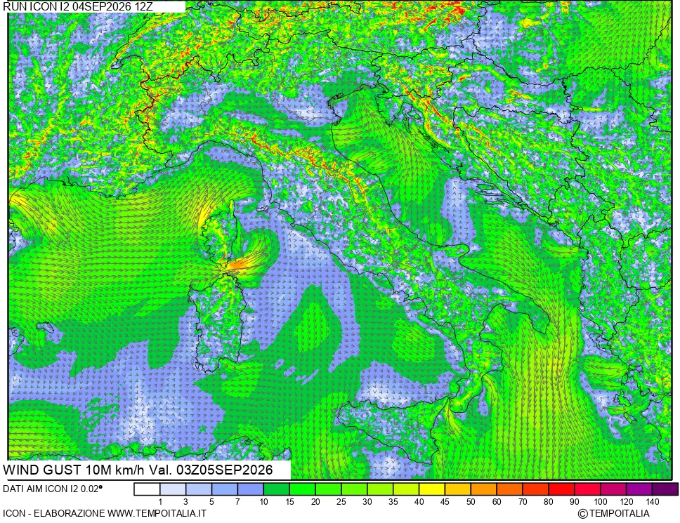 mappa 10 m Vento raffica massima
