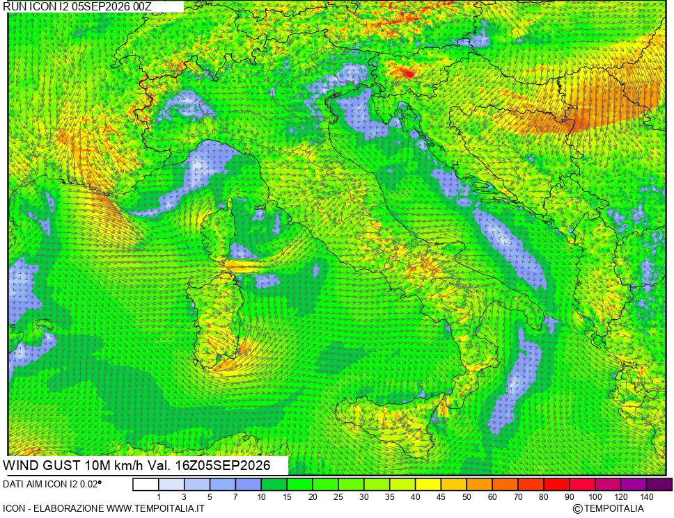 mappa 10 m Vento raffica massima