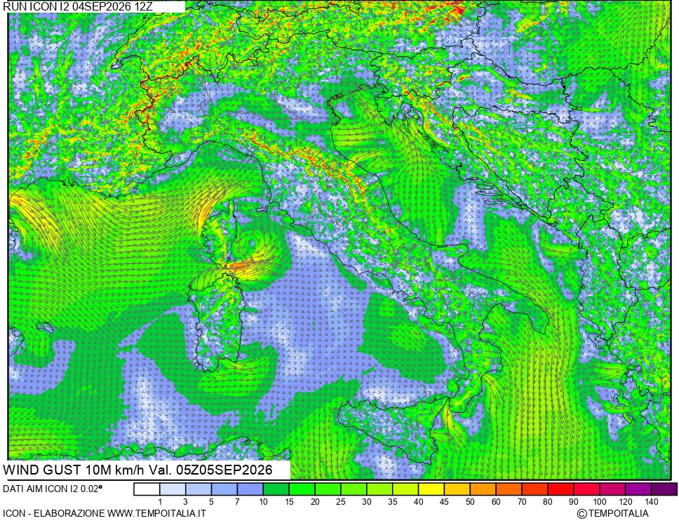 mappa 10 m Vento raffica massima