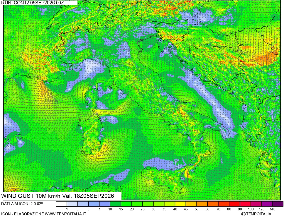 mappa 10 m Vento raffica massima