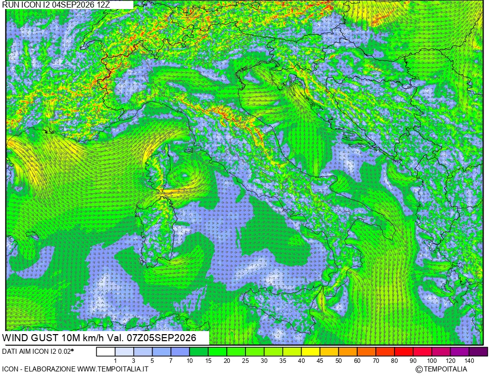 mappa 10 m Vento raffica massima
