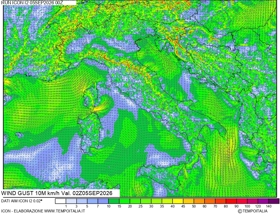 mappa 10 m Vento raffica massima