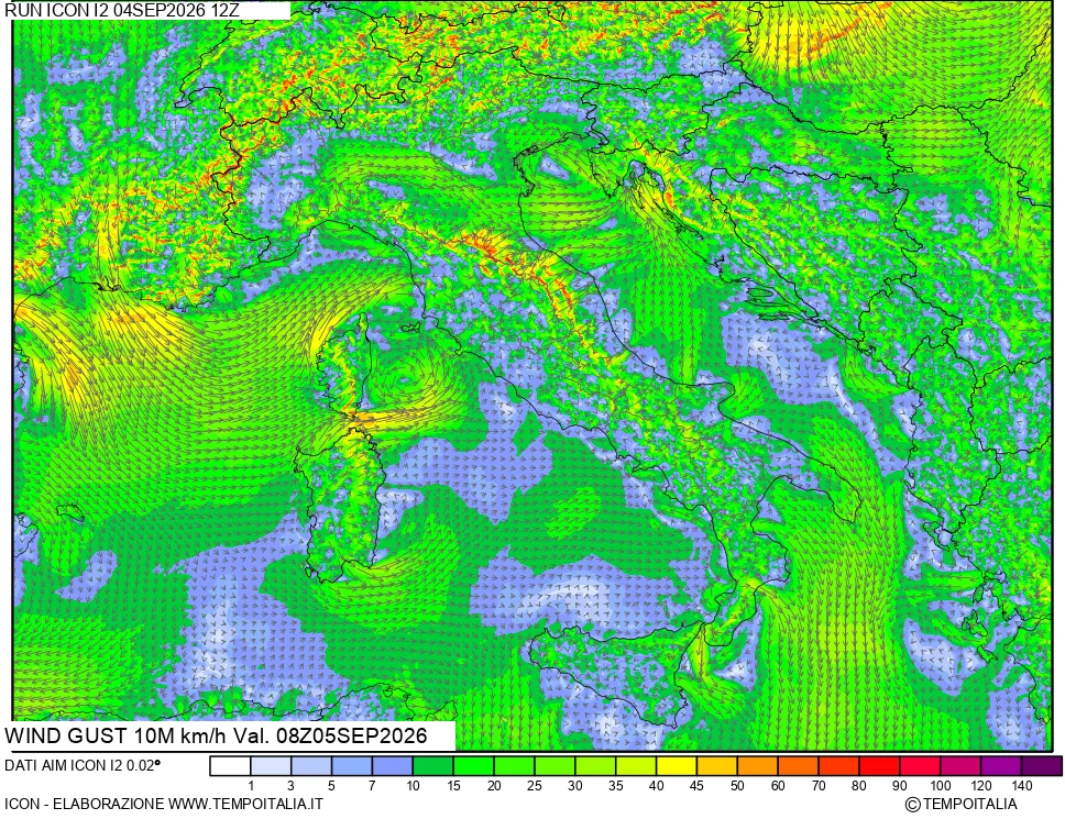 mappa 10 m Vento raffica massima