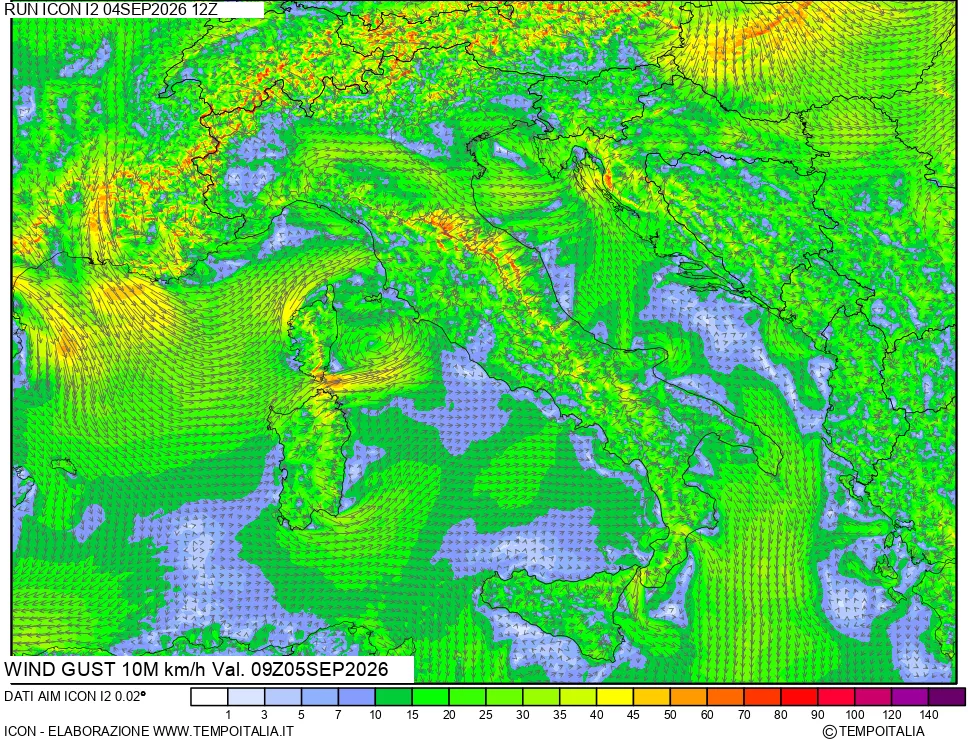 mappa 10 m Vento raffica massima