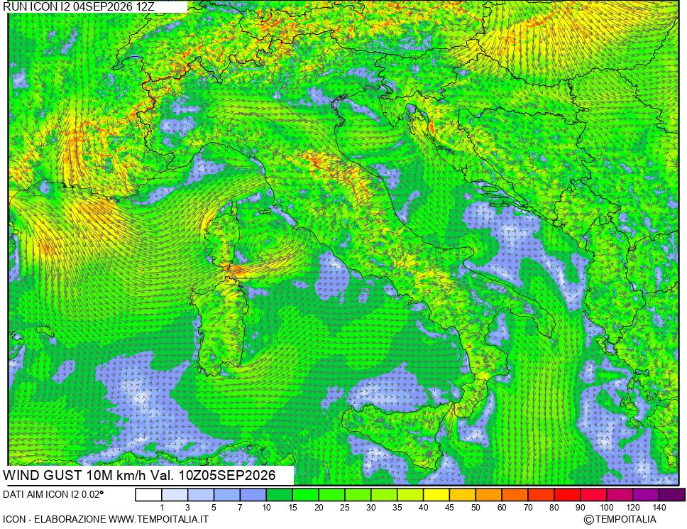 mappa 10 m Vento raffica massima