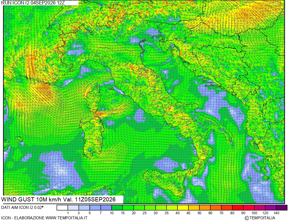 mappa 10 m Vento raffica massima