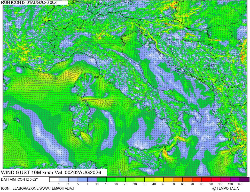 mappa 10 m Vento raffica massima