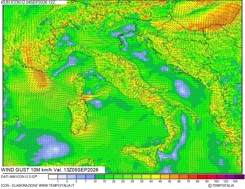 mappa 10 m Vento raffica massima