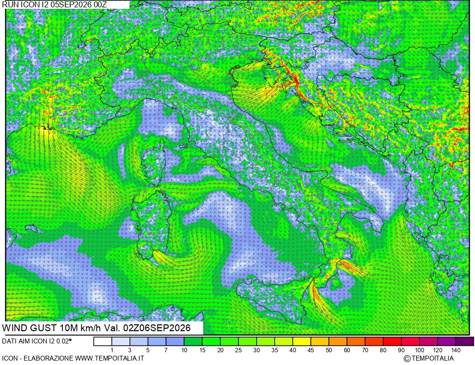 mappa 10 m Vento raffica massima
