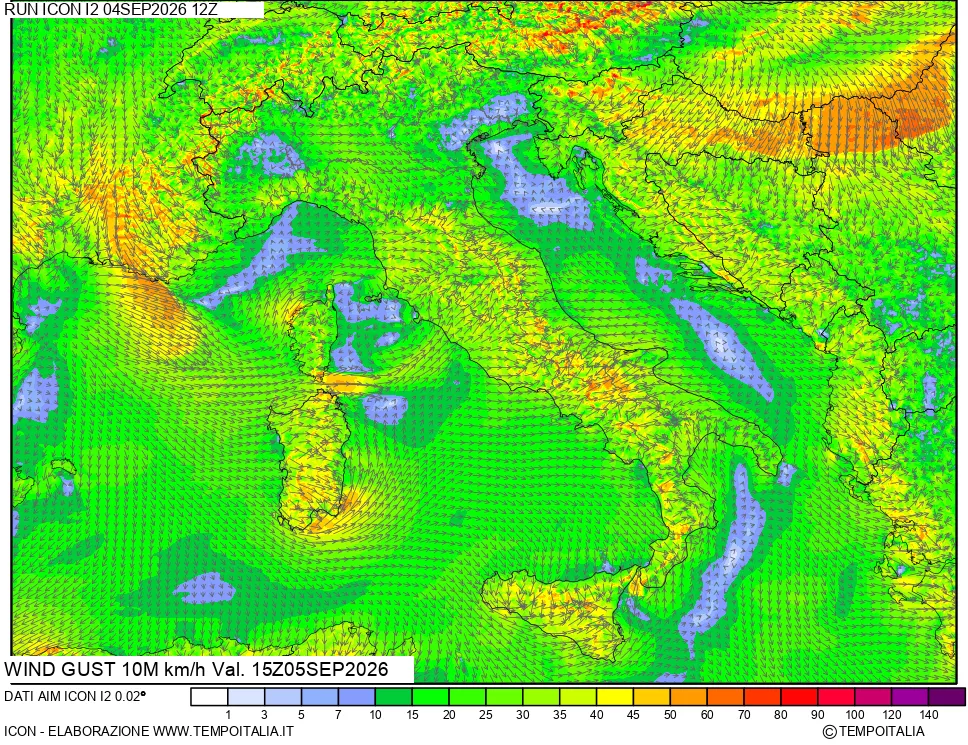 mappa 10 m Vento raffica massima
