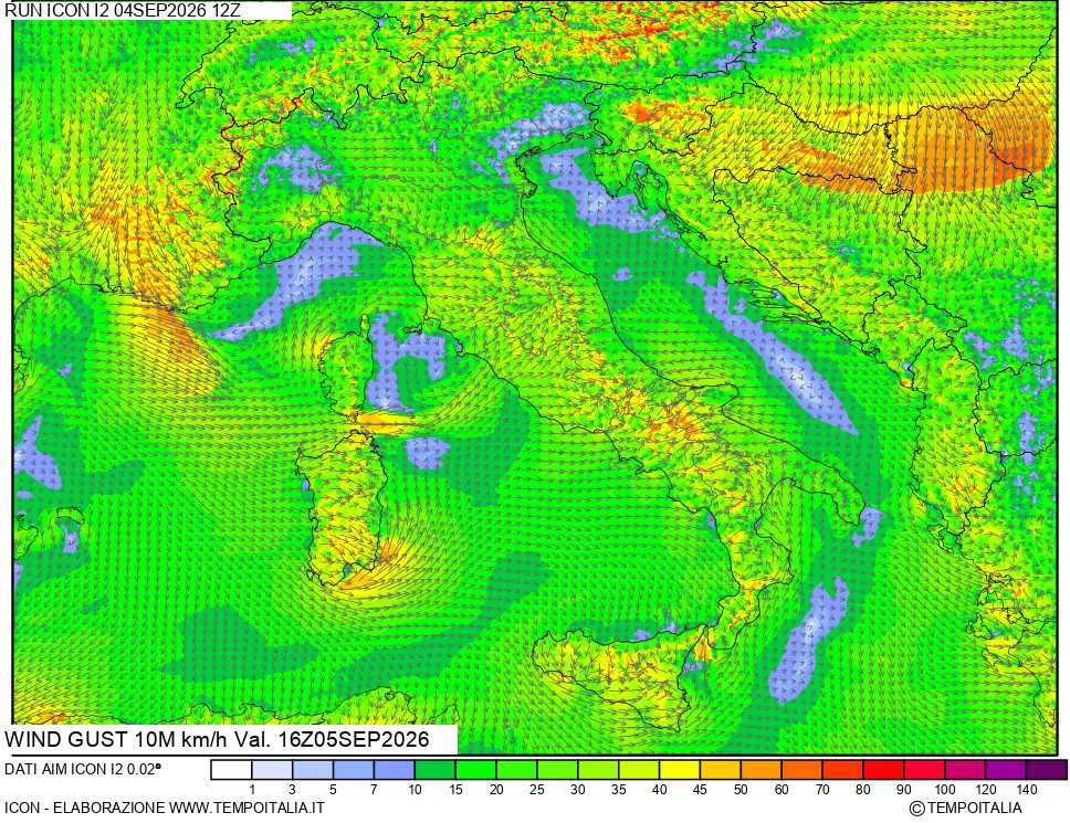 mappa 10 m Vento raffica massima