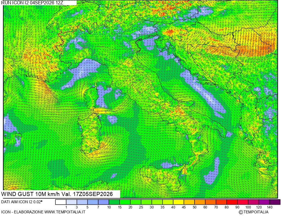mappa 10 m Vento raffica massima